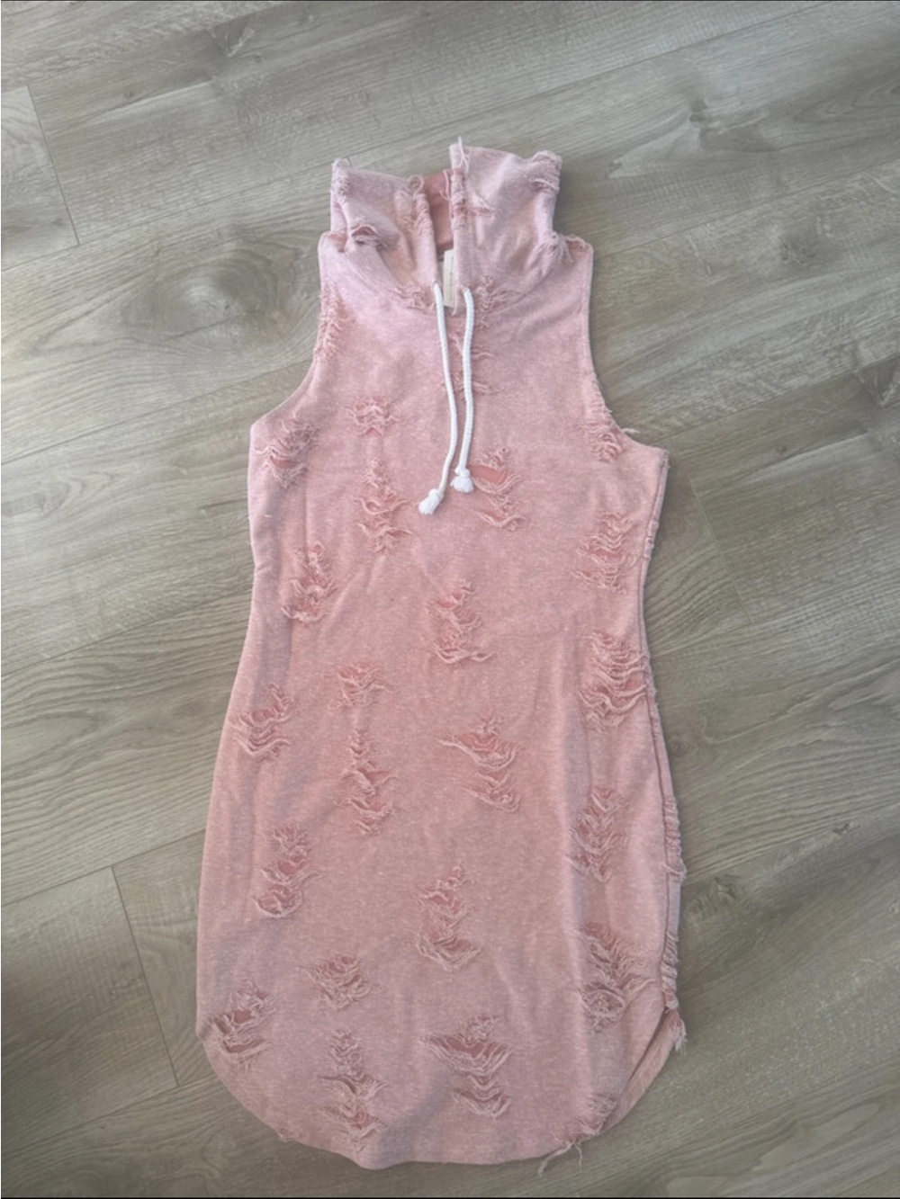Sleeveless Pink Distressed Hoodie Dress